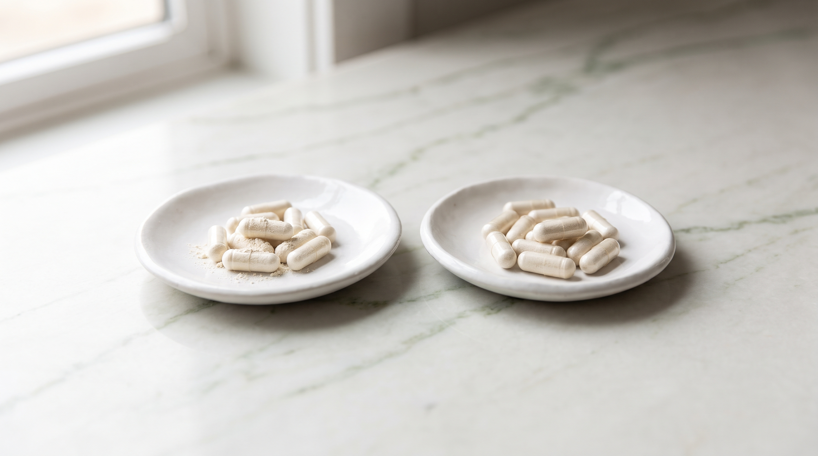Two dishes of magnesium capsules comparing glycinate and citrate