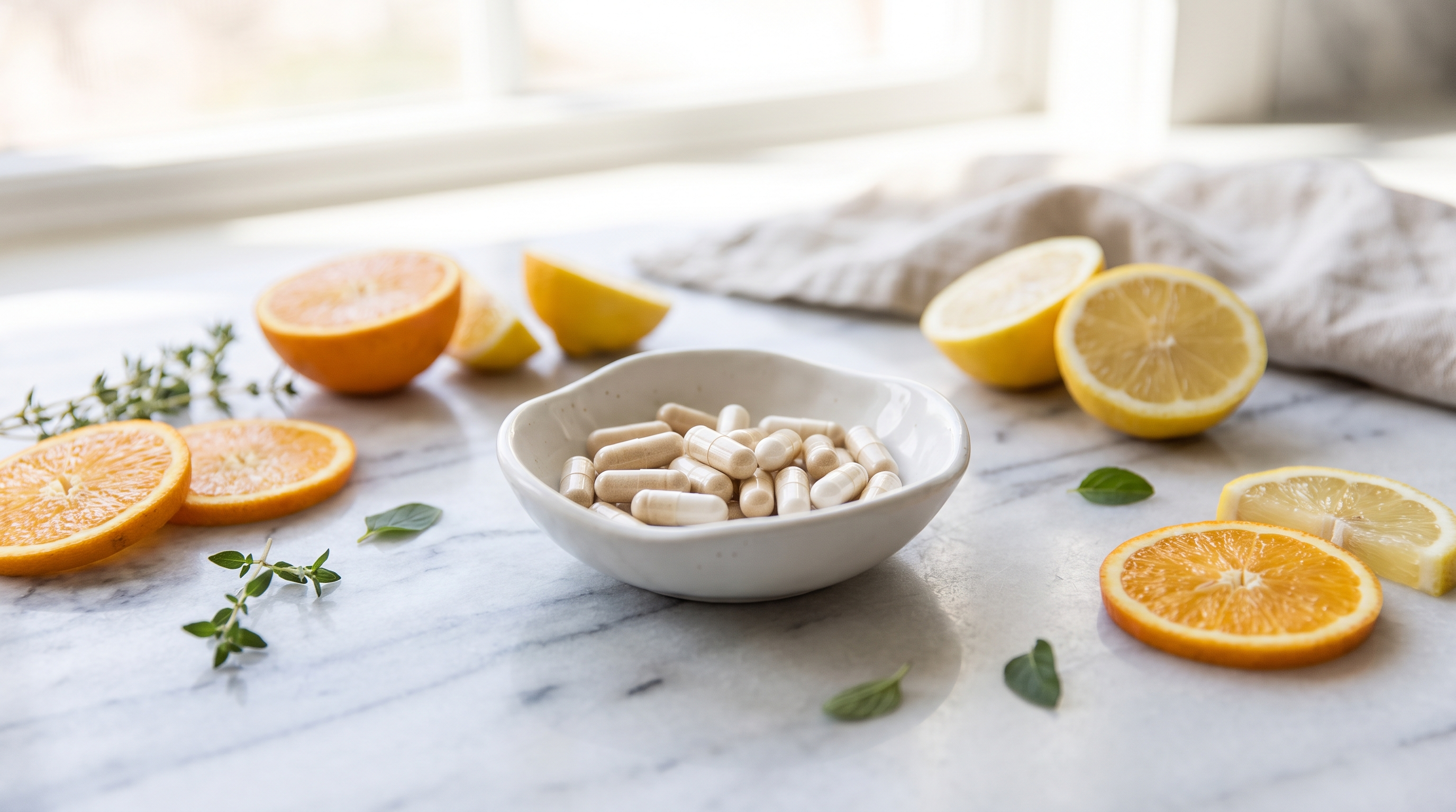 Zinc picolinate capsules in a dish with fresh citrus for immune support