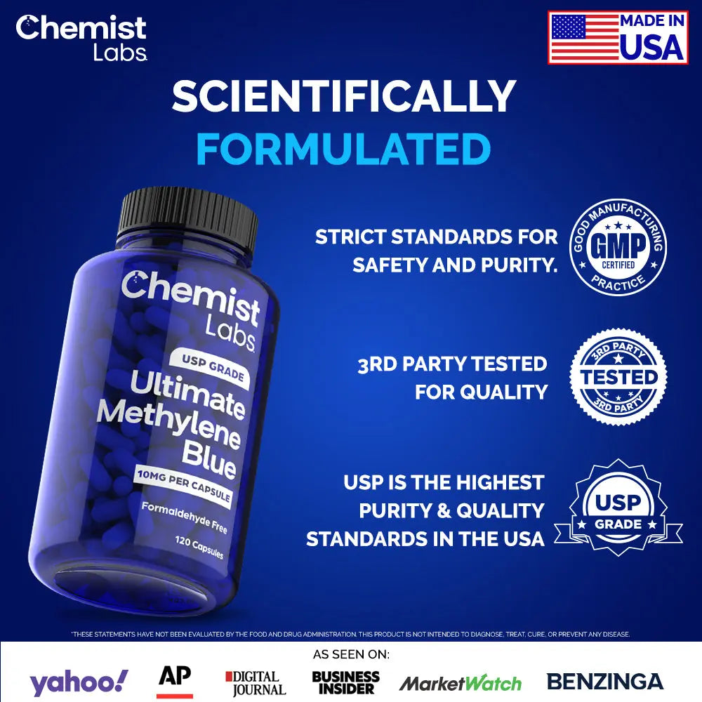 Bottle of Chemist Labs Ultimate Methylene Blue with certification logos on a blue background