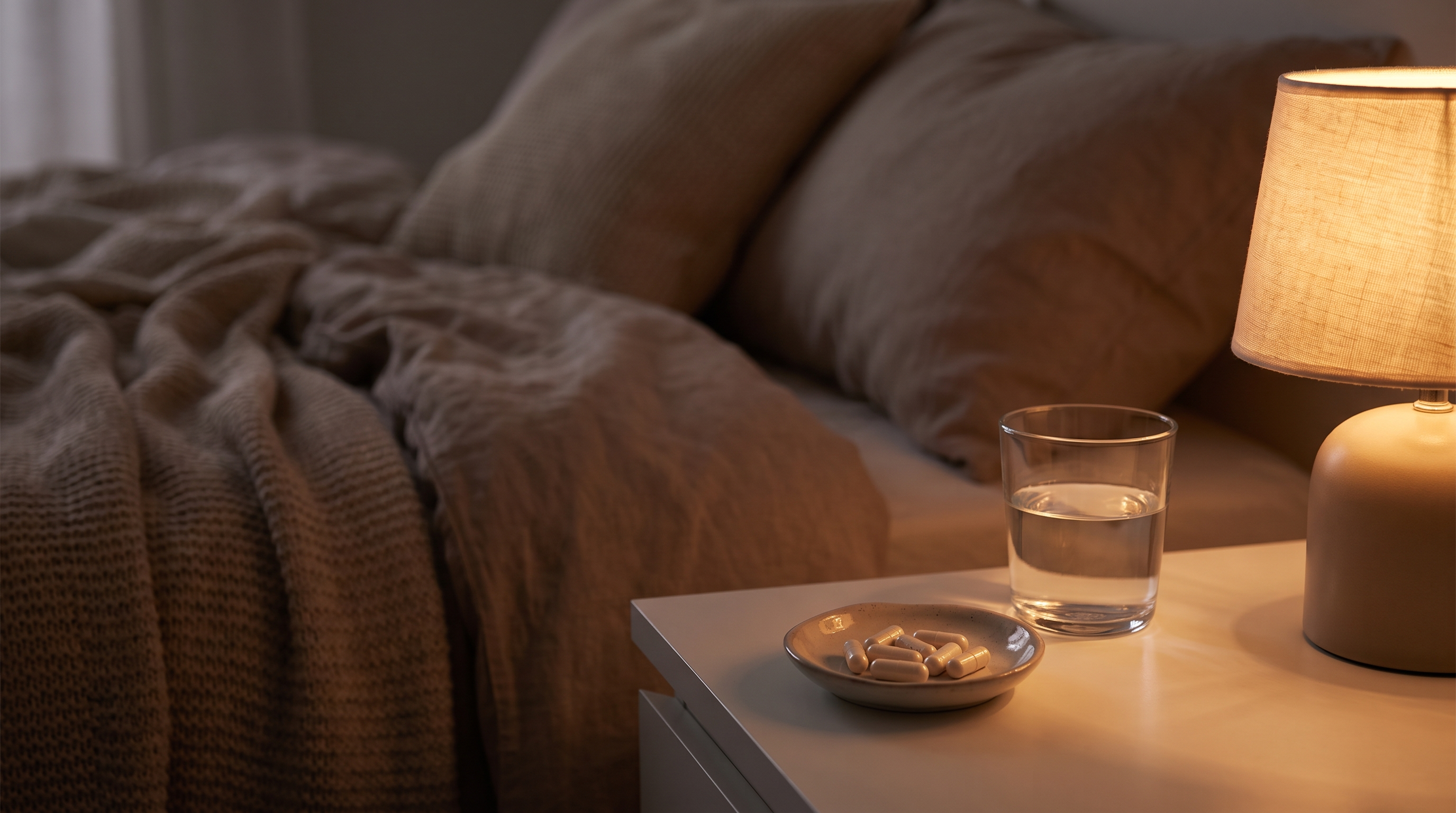 Evening bedside table with magnesium glycinate capsules, water, and a warm lamp