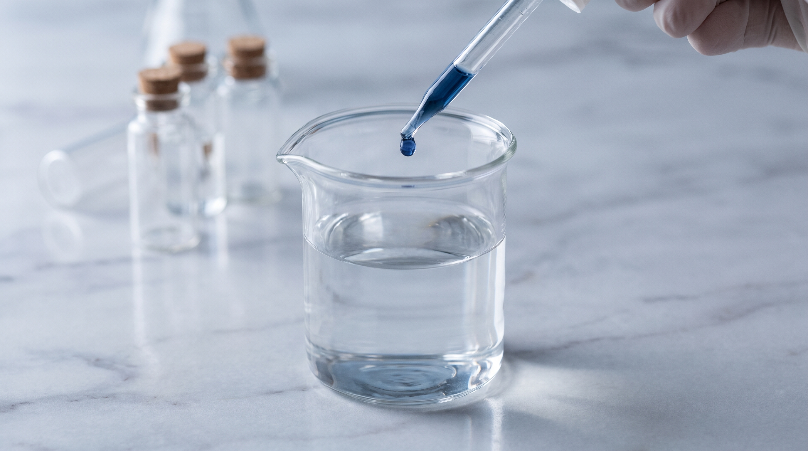 A dropper releasing a blue drop of methylene blue into a glass of water